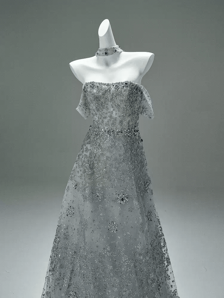 Silver Sequin Evening Gown with Corset Back – Sparkly Maxi Dress with Crystal Embellishments and Matching Choker Plus Size - WonderlandByLilian