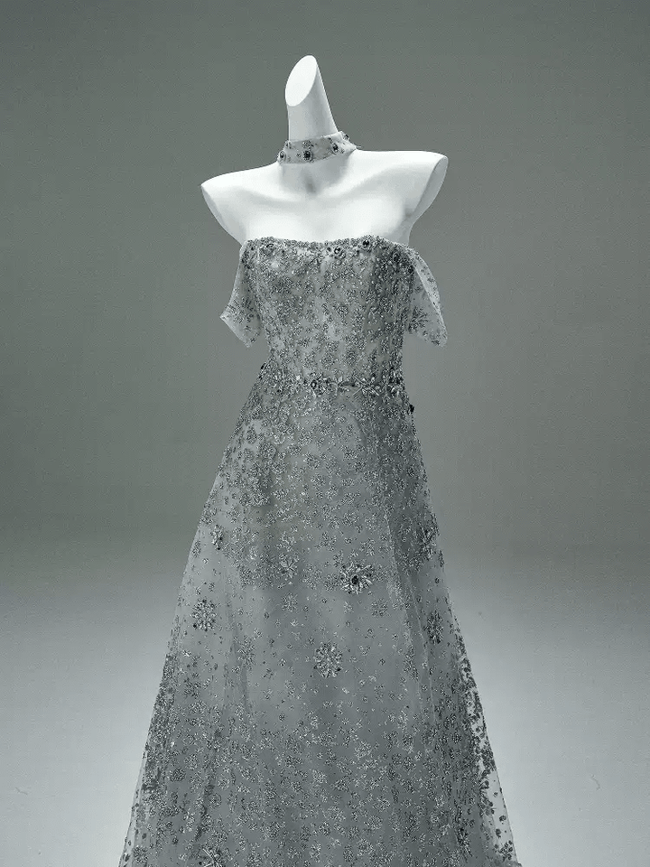 Silver Sequin Evening Gown with Corset Back – Sparkly Maxi Dress with Crystal Embellishments and Matching Choker Plus Size - WonderlandByLilian