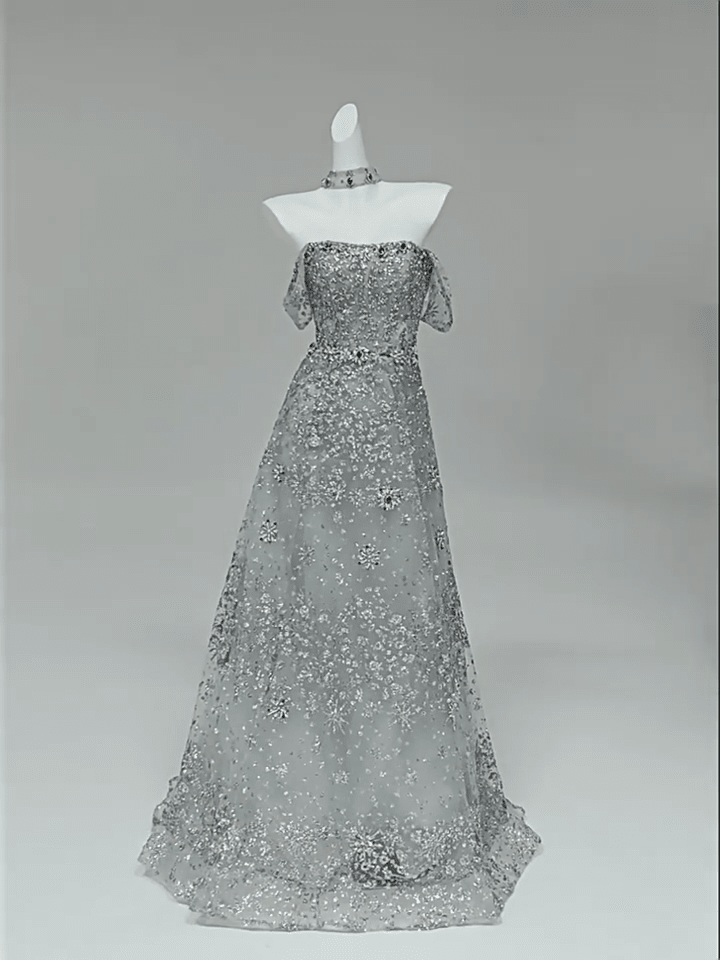 Silver Sequin Evening Gown with Corset Back – Sparkly Maxi Dress with Crystal Embellishments and Matching Choker Plus Size - WonderlandByLilian