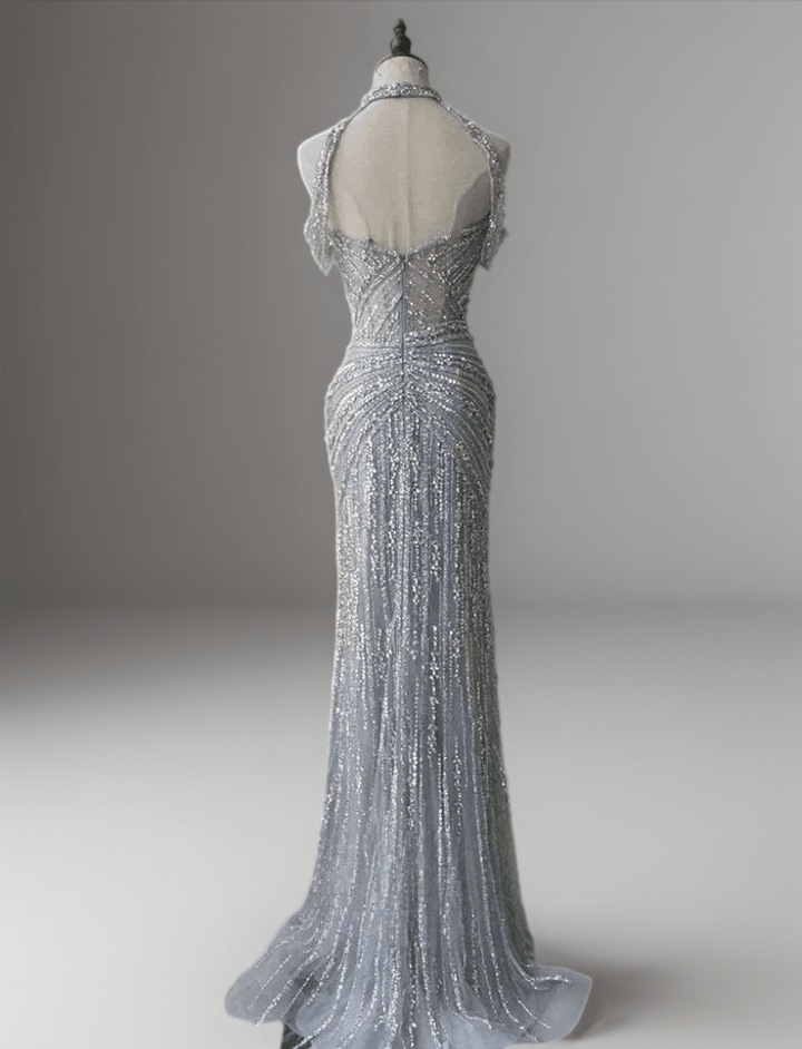 Silver Sequin Evening Gown with Crisscross Halter Neck – Glitter Maxi Dress - Silver Glitter Dress Plus Size - WonderlandByLilian