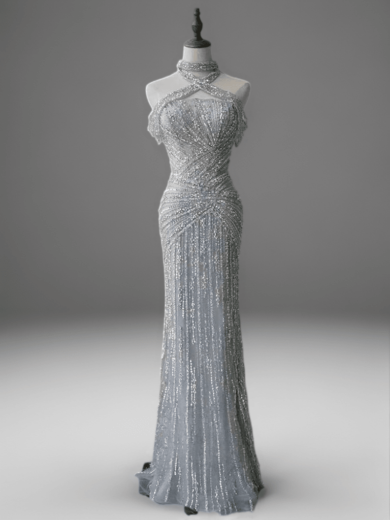 Silver Sequin Evening Gown with Crisscross Halter Neck – Glitter Maxi Dress - Silver Glitter Dress Plus Size - WonderlandByLilian