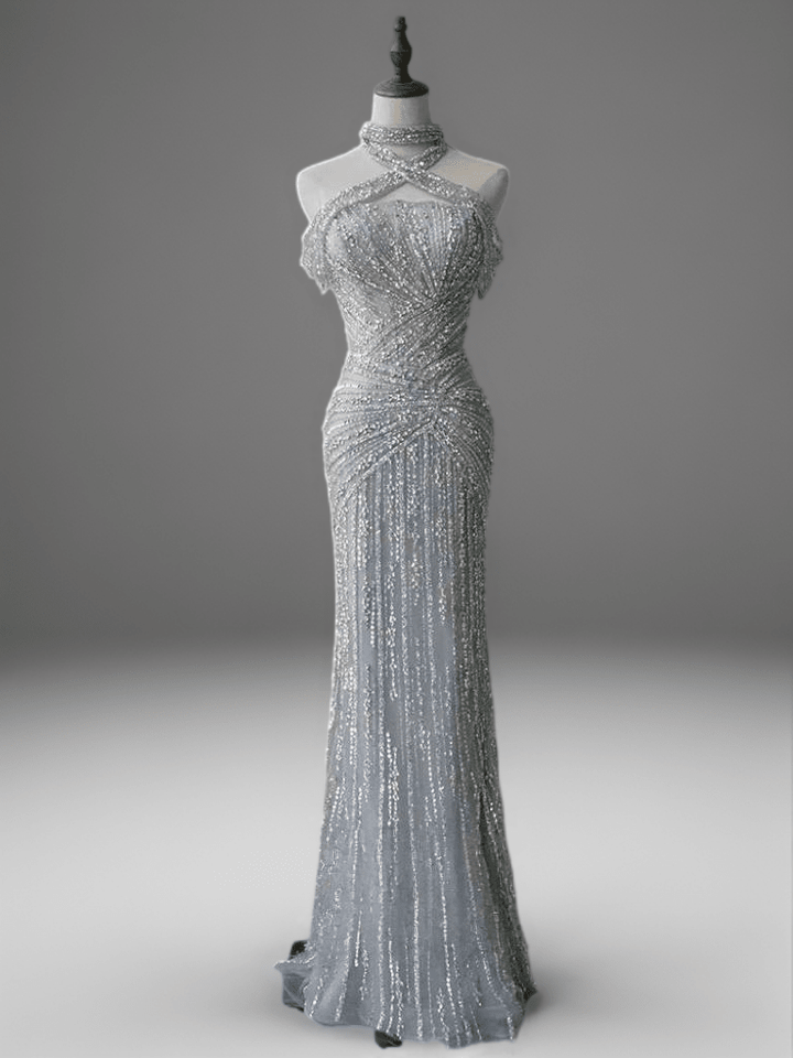 Silver Sequin Evening Gown with Crisscross Halter Neck – Glitter Maxi Dress - Silver Glitter Dress Plus Size - WonderlandByLilian