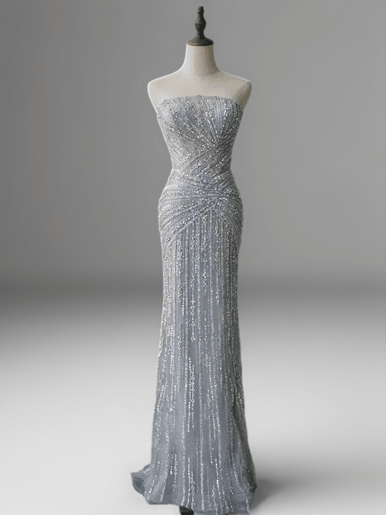 Silver Sequin Evening Gown with Crisscross Halter Neck – Glitter Maxi Dress - Silver Glitter Dress Plus Size - WonderlandByLilian