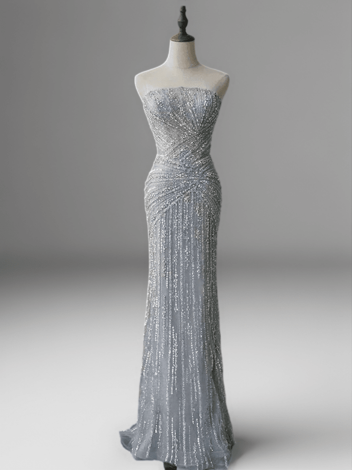 Silver Sequin Evening Gown with Crisscross Halter Neck – Glitter Maxi Dress - Silver Glitter Dress Plus Size - WonderlandByLilian