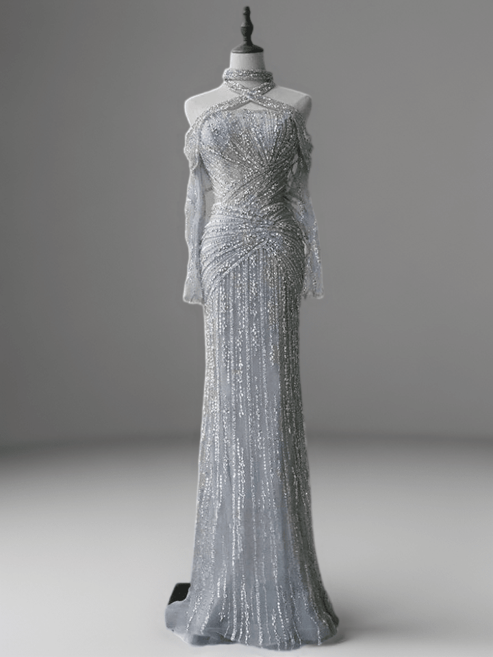 Silver Sequin Evening Gown with Crisscross Halter Neck – Glitter Maxi Dress - Silver Glitter Dress Plus Size - WonderlandByLilian