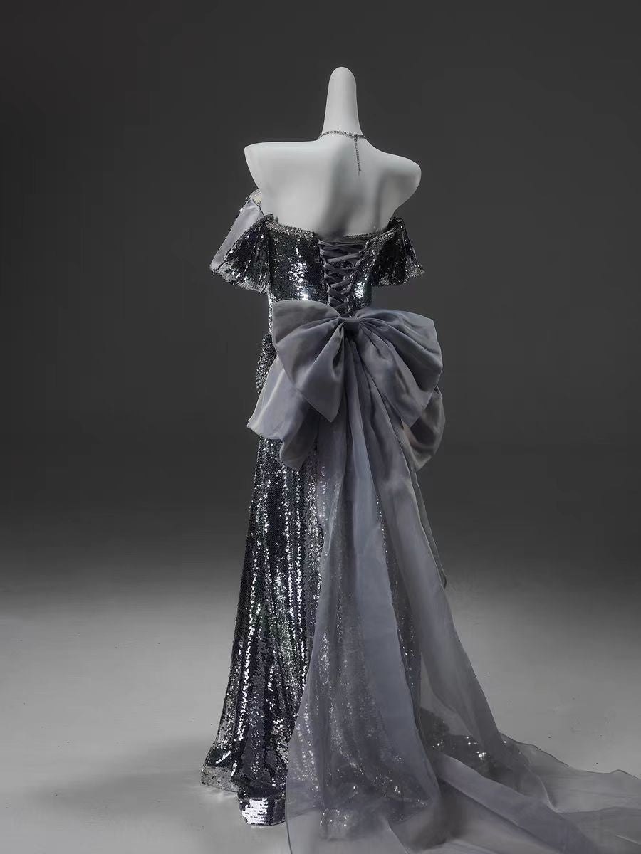 silver sequin off the shoulder dress silver sequin off the shoulder dress Ladivine CD693 Off the Shoulder Crystal and Sequins Evening Dress