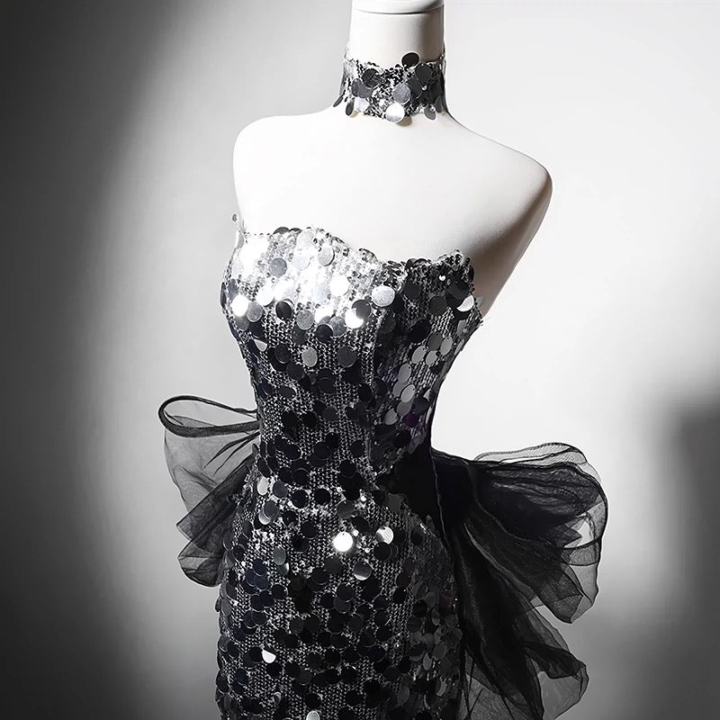 Silver Sequin Strapless Evening Gown with Corset - Silver Sequined Mermaid Dress with Bow Plus Size Size 10 / Silver Silver Sequin Strapless Evening Gown with Corset - Silver Sequined Mermaid Dress with Bow Plus Size Size 10 / Silver