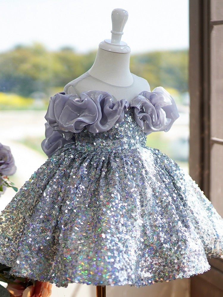 Silver Sequined Flower Girl Dress with Lavender Ruffle Shoulders