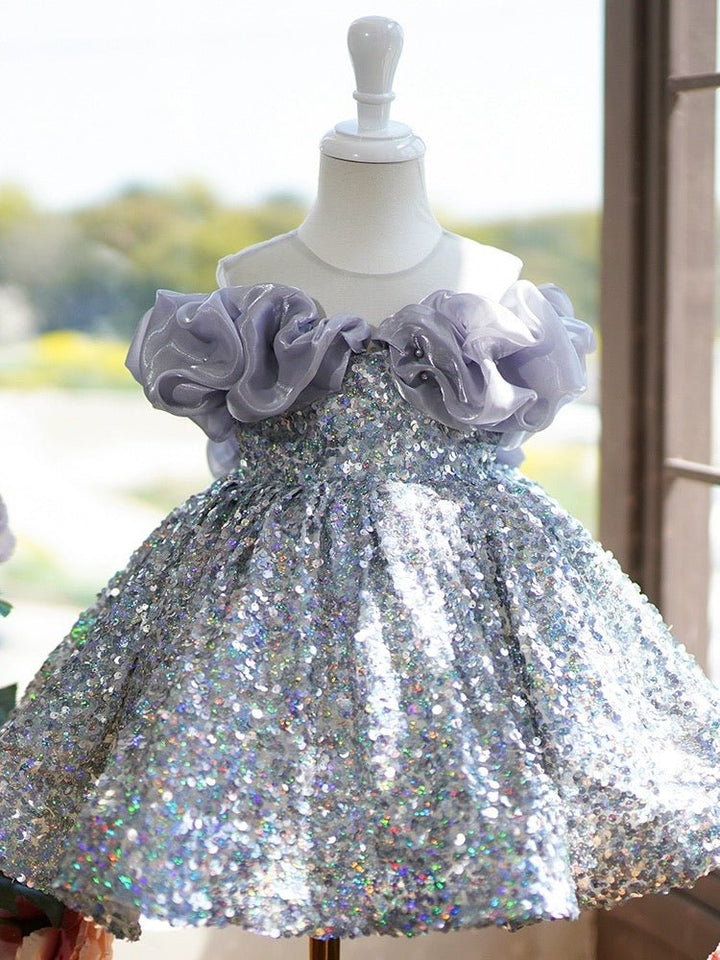 Silver Sequined Flower Girl Dress with Lavender Ruffle Shoulders Plus Size - WonderlandByLilian