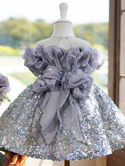 Silver Sequined Flower Girl Dress with Lavender Ruffle Shoulders Plus Size - WonderlandByLilian