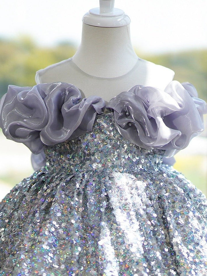 Silver Sequined Flower Girl Dress with Lavender Ruffle Shoulders Plus Size - WonderlandByLilian