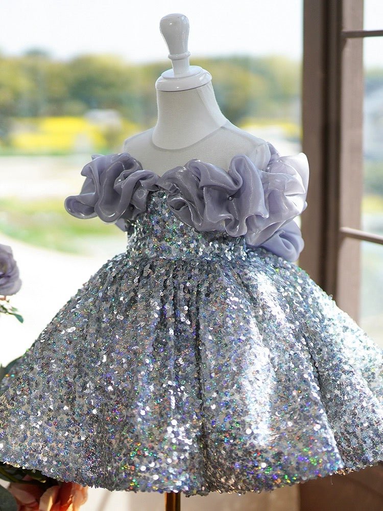 Silver Sequined Flower Girl Dress with Lavender Ruffle Shoulders Plus Size - WonderlandByLilian
