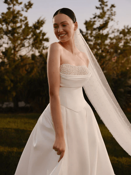 Simple Ivory Wedding Gown with Sculpted Bodice - Simple Wedding Dress with Embroidered Pearl Beading – Long Wedding Gown Train Plus Size - Helia - WonderlandByLilian
