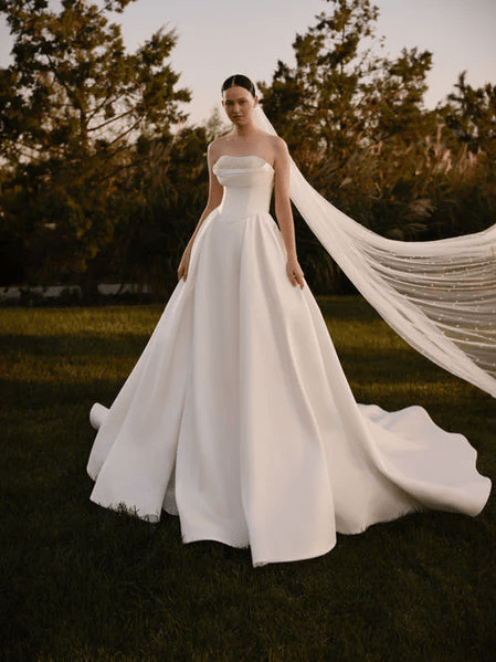 Simple Ivory Wedding Gown with Sculpted Bodice - Simple Wedding Dress with Embroidered Pearl Beading – Long Wedding Gown Train Plus Size - Helia - WonderlandByLilian