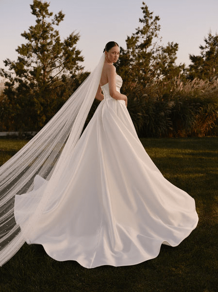 Simple Ivory Wedding Gown with Sculpted Bodice - Simple Wedding Dress with Embroidered Pearl Beading – Long Wedding Gown Train Plus Size - Helia - WonderlandByLilian