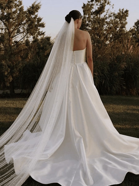 Simple Ivory Wedding Gown with Sculpted Bodice - Simple Wedding Dress with Embroidered Pearl Beading – Long Wedding Gown Train Plus Size - Helia - WonderlandByLilian