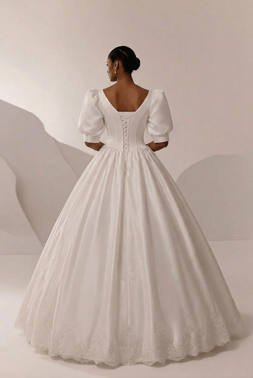 Simple Satin Wedding Dress with Corset – Lace Appliqué Wedding Dress with Bow Detail Plus Size - WonderlandByLilian