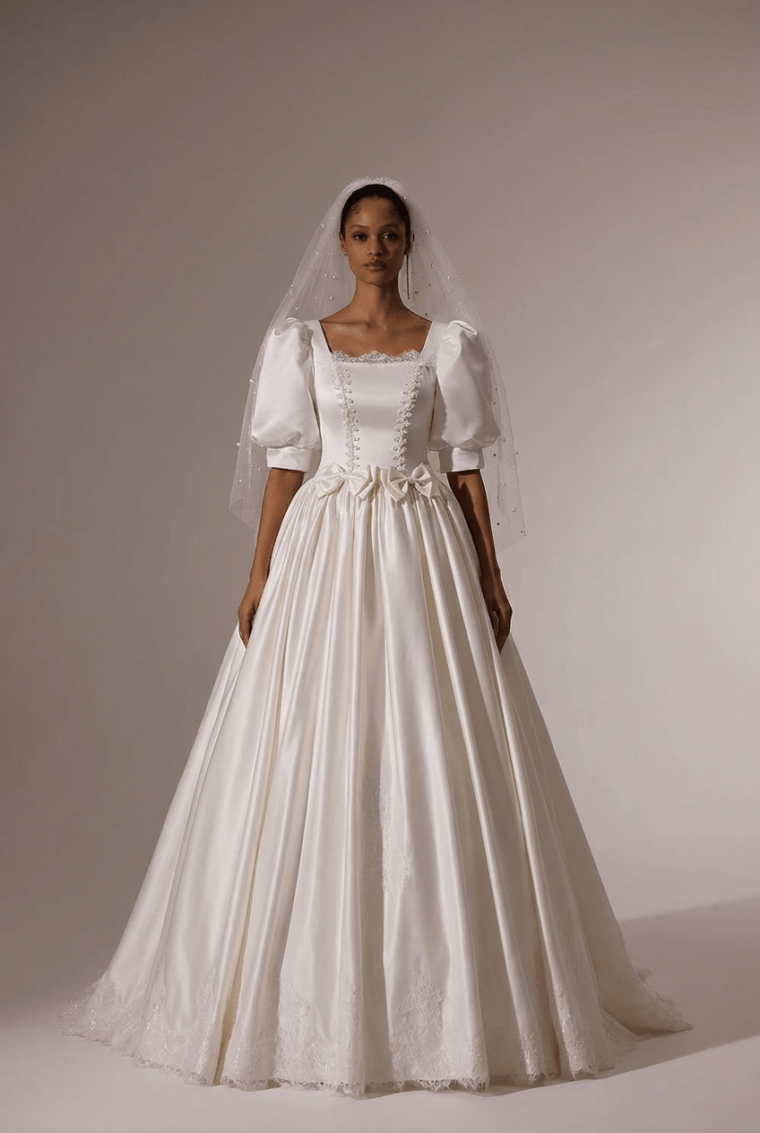 Simple Satin Wedding Dress with Corset – Lace Appliqué Wedding Dress with Bow Detail Plus Size - WonderlandByLilian