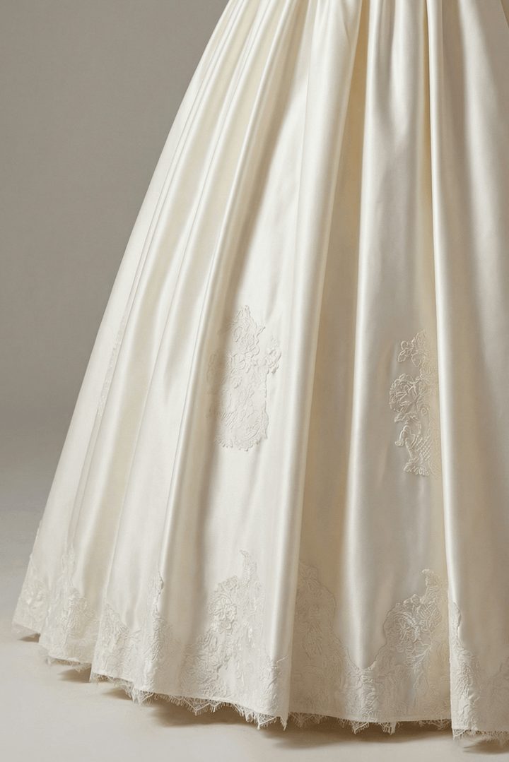 Simple Satin Wedding Dress with Corset – Lace Appliqué Wedding Dress with Bow Detail Plus Size - WonderlandByLilian