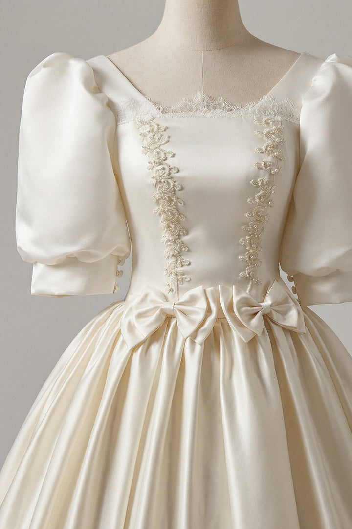 Simple Satin Wedding Dress with Corset – Lace Appliqué Wedding Dress with Bow Detail Plus Size - WonderlandByLilian