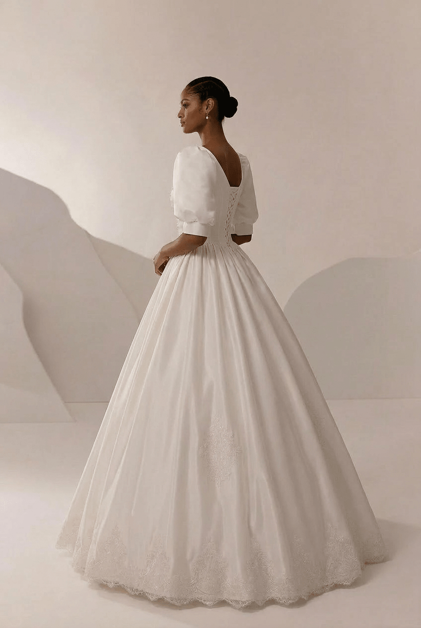 Simple Satin Wedding Dress with Corset – Lace Appliqué Wedding Dress with Bow Detail Plus Size - WonderlandByLilian