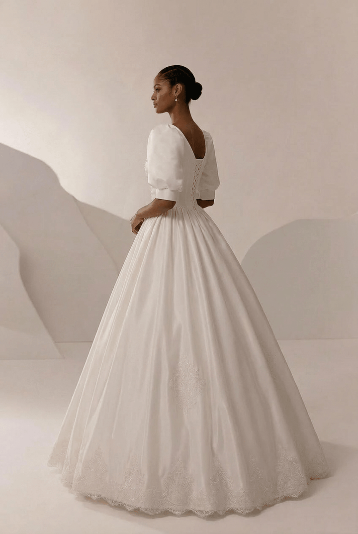 Simple Satin Wedding Dress with Corset – Lace Appliqué Wedding Dress with Bow Detail Plus Size - WonderlandByLilian