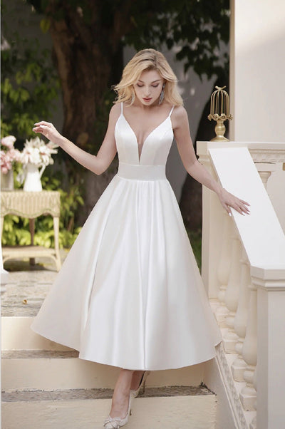 Simple Short Satin Wedding Minimalist V- Neckline Dress With Pockets - WonderlandByLilian