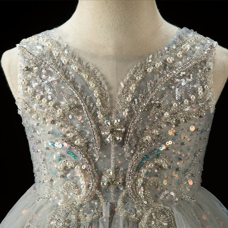 Sky Blue Sequin Flower Girl Dress with Pearl Embroidered Bodice – Tulle Flower Girl Dress Plus Size - WonderlandByLilian