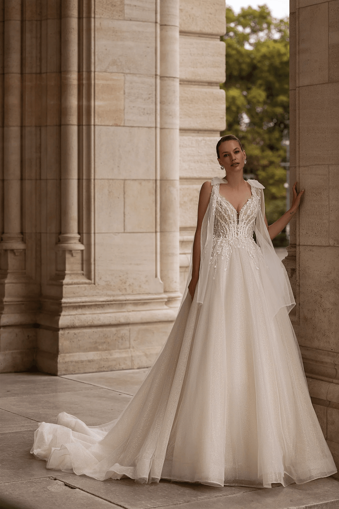 Sleeveless Wedding Dress with Shoulder Bows – V - Neck Bridal Gown with Floral Lace Bodice and Layered Chiffon Skirt Plus Size - WonderlandByLilian