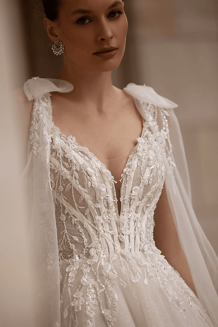 Sleeveless Wedding Dress with Shoulder Bows – V - Neck Bridal Gown with Floral Lace Bodice and Layered Chiffon Skirt Plus Size - WonderlandByLilian