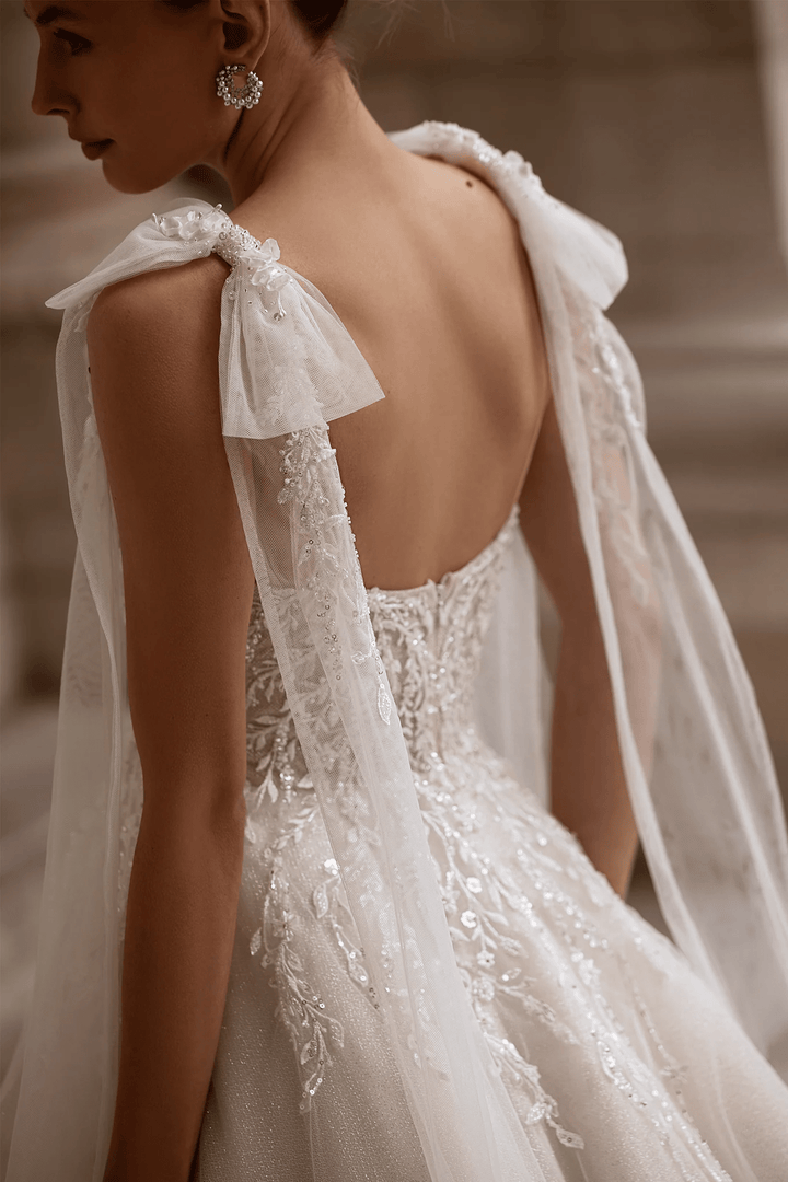 Sleeveless Wedding Dress with Shoulder Bows – V - Neck Bridal Gown with Floral Lace Bodice and Layered Chiffon Skirt Plus Size - WonderlandByLilian