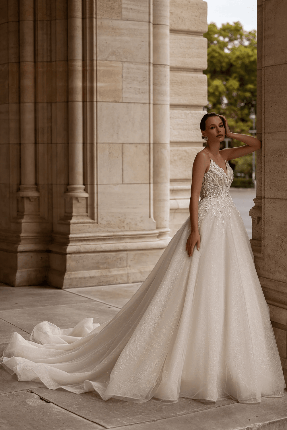 Sleeveless Wedding Dress with Shoulder Bows – V - Neck Bridal Gown with Floral Lace Bodice and Layered Chiffon Skirt Plus Size - WonderlandByLilian