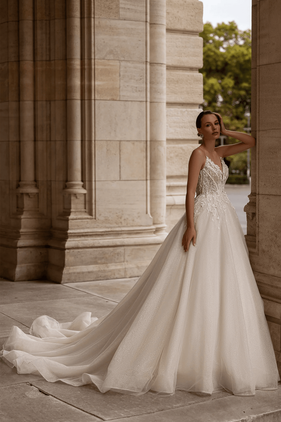 Sleeveless Wedding Dress with Shoulder Bows – V - Neck Bridal Gown with Floral Lace Bodice and Layered Chiffon Skirt Plus Size - WonderlandByLilian