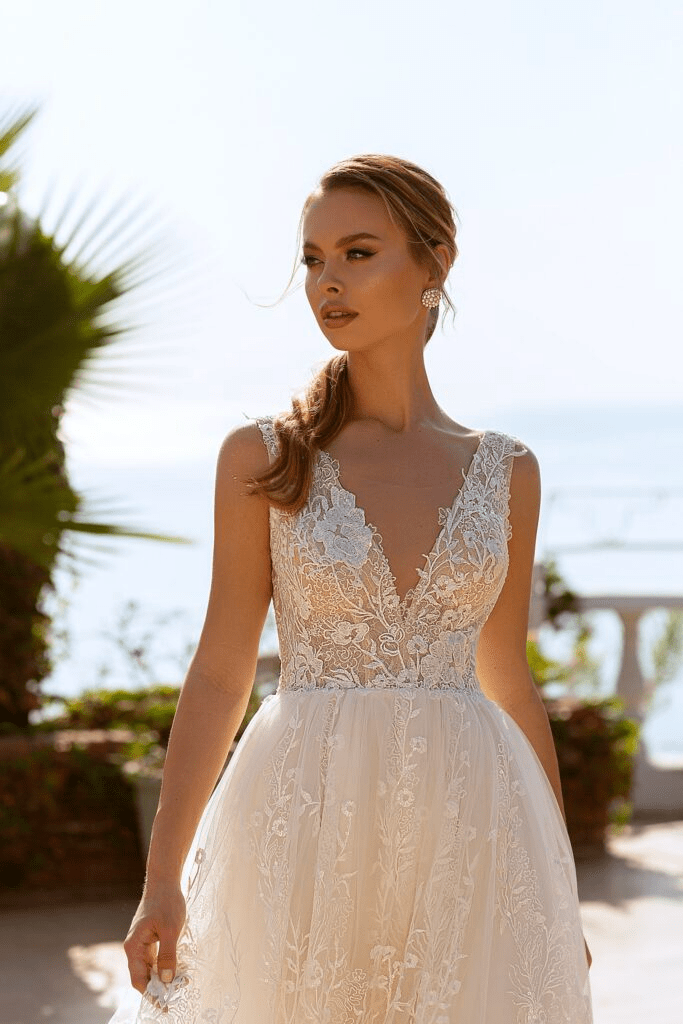 Sleeveless Ball Gown Wedding - Dress V - Neck Wedding Dress - Floral Wedding Gown - Elegant Bridal Dress Plus Size - WonderlandByLilian