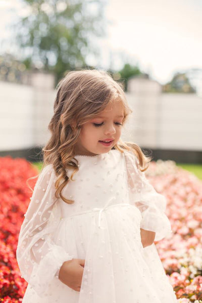 Snow White Long Sleeve Plus Size Toddler Girl’s Dress – Elizabeth Tulle Party Gown with Hand - Embroidered Pearls for Special Occasions - WonderlandByLilian