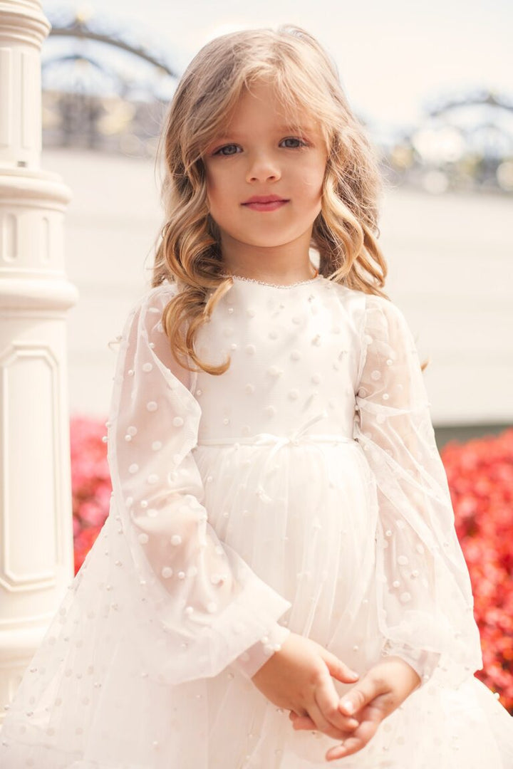 Snow White Long Sleeve Plus Size Toddler Girl’s Dress – Elizabeth Tulle Party Gown with Hand - Embroidered Pearls for Special Occasions - WonderlandByLilian