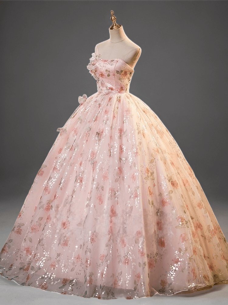 Beautiful Strapless Tulle Flower Long Prom Dress, Pink Ball Gown Formal Dress US 2 / Pink Beautiful Strapless Tulle Flower Long Prom Dress, Pink Ball Gown Formal Dress US 2 / Pink