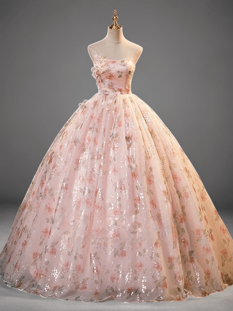 Soft Pink Wedding Dress with Corset Back - Pink Floral Embellished Tulle Evening Gown Plus Size - WonderlandByLilian