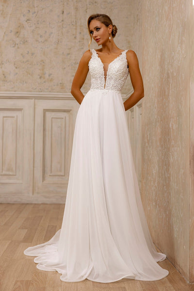Sophisticated Floral Lace V-Neck Wedding Dress | Timeless A-Line Brida – WonderlandByLilian