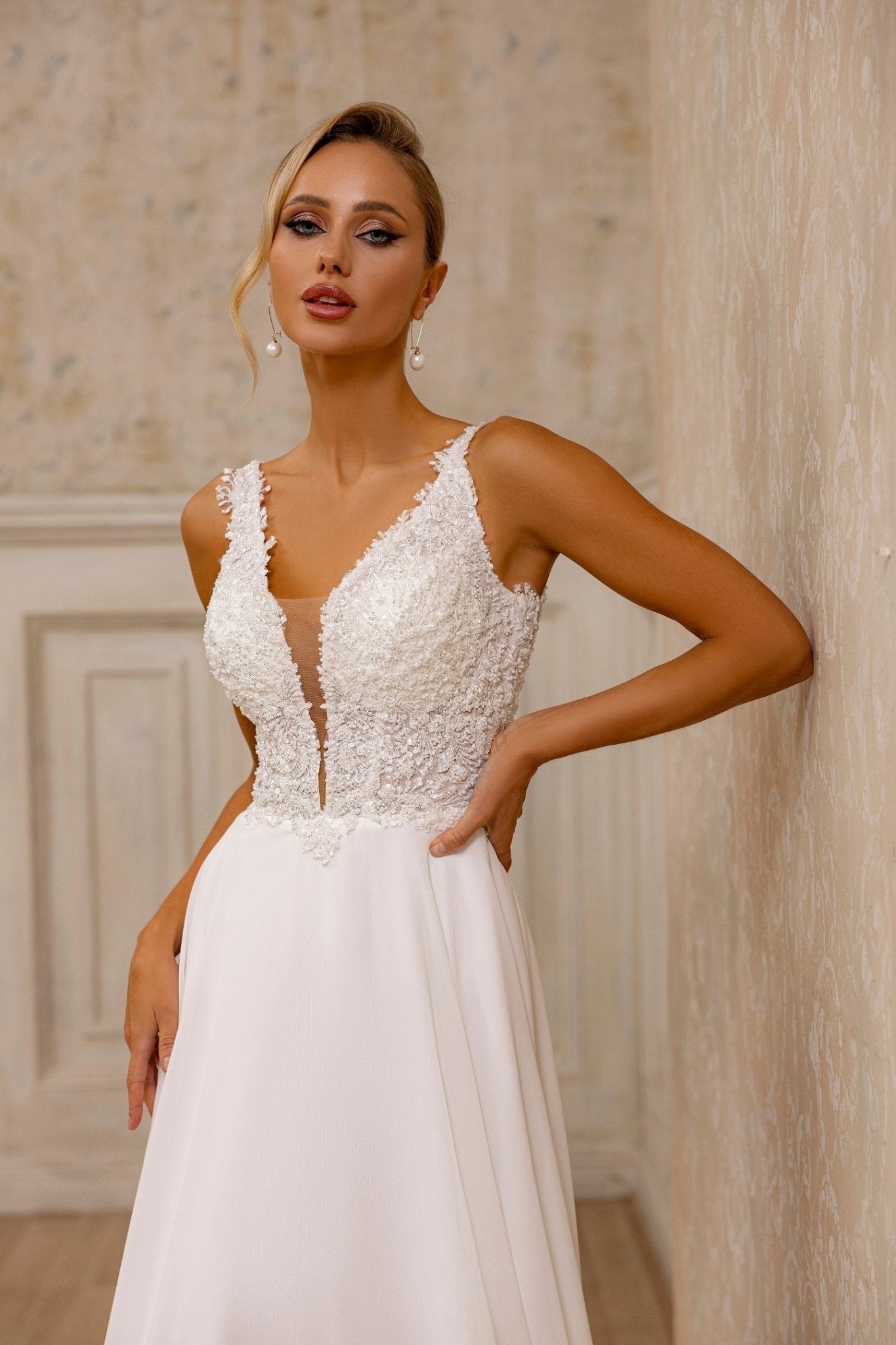 Sophisticated Floral Lace V-Neck Wedding Dress | Timeless A-Line Bridal Gown with Train - WonderlandByLilian
