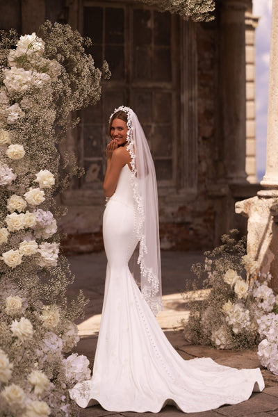 Sophisticated Ivory Mermaid Wedding Dress with Romantic Lace Detailing and Optional Gloves Plus Size - WonderlandByLilian