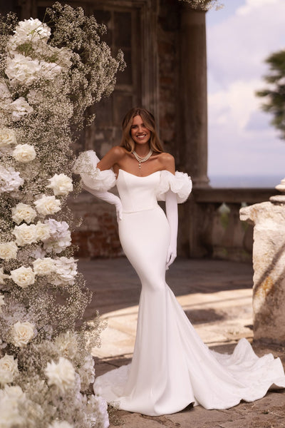 Sophisticated Ivory Mermaid Wedding Dress with Romantic Lace Detailing and Optional Gloves Plus Size - WonderlandByLilian