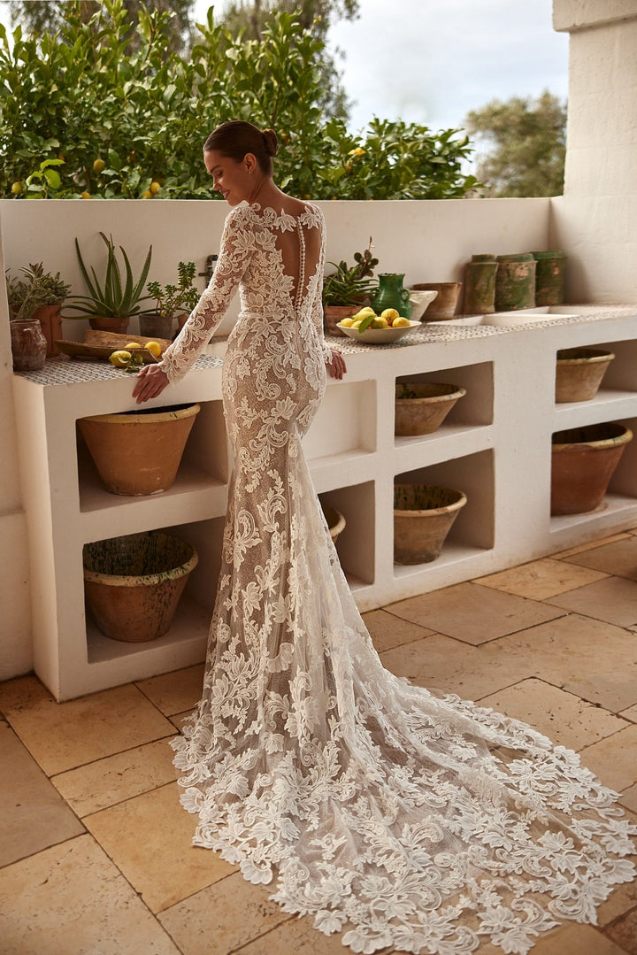 Sophisticated Lace Mermaid Wedding Gown with Deep V-Neck and Long Sleeves Plus Size - WonderlandByLilian