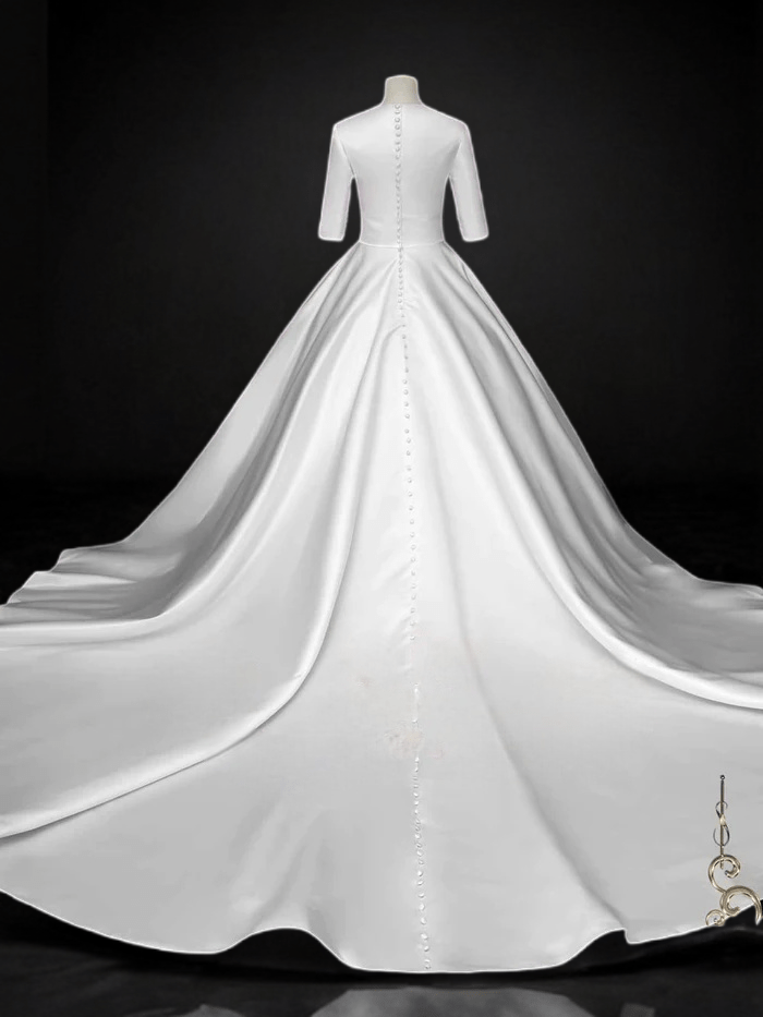 Sophisticated Radiance: Modest Satin Wedding Dress with Sleeves - WonderlandByLilian