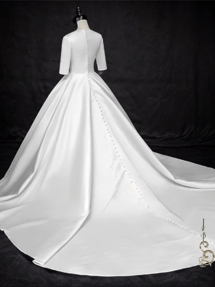 Sophisticated Radiance: Modest Satin Wedding Dress with Sleeves - WonderlandByLilian