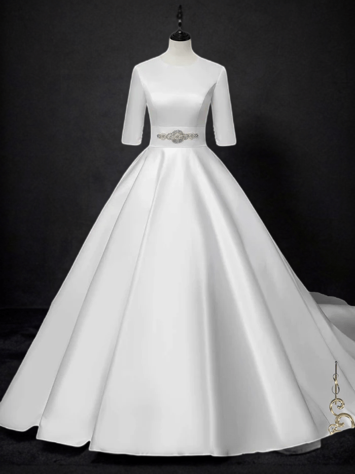 Sophisticated Radiance: Modest Satin Wedding Dress with Sleeves - WonderlandByLilian