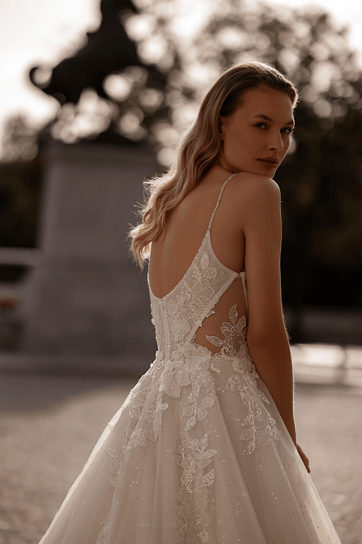 Spaghetti Strap Wedding Dress with Sparkling Lace – A - Line Wedding Dress with Sheer Back and Layered Chiffon Skirt Plus Size - WonderlandByLilian