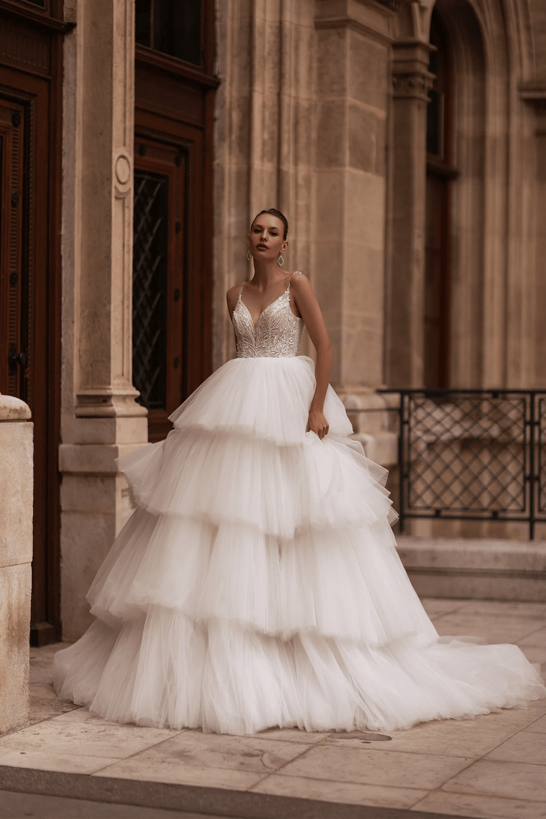 Spaghetti Strap Wedding Dress with Tiered Skirt – Layered Tulle Ruffle Dress with Pearl Leaf Bodice and Sheer Layers Plus Size - WonderlandByLilian