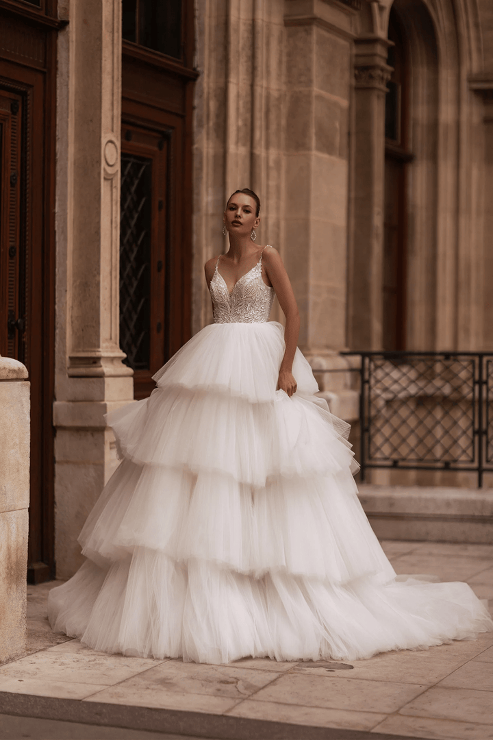 Spaghetti Strap Wedding Dress with Tiered Skirt – Layered Tulle Ruffle Dress with Pearl Leaf Bodice and Sheer Layers Plus Size - WonderlandByLilian