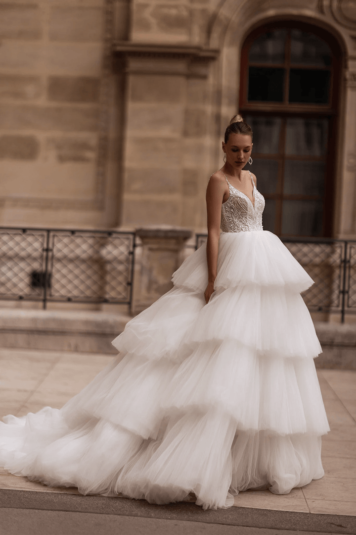 Spaghetti Strap Wedding Dress with Tiered Skirt – Layered Tulle Ruffle Dress with Pearl Leaf Bodice and Sheer Layers Plus Size - WonderlandByLilian